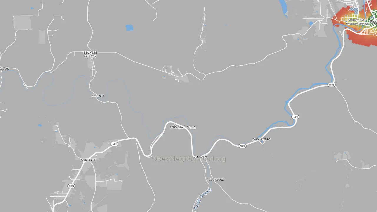 Walk Grade map of Portland Mills, PA, walkable areas in green and car-dependent areas in red