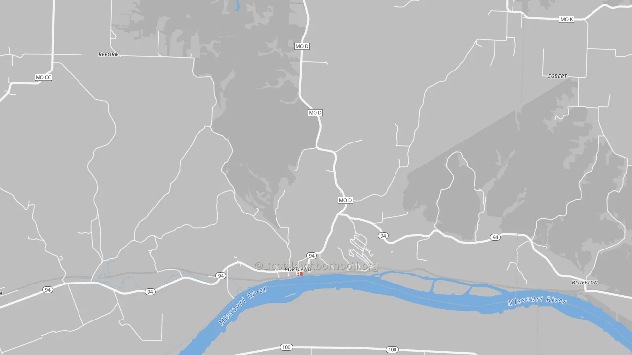 Walk Grade map of Portland, MO, walkable areas in green and car-dependent areas in red
