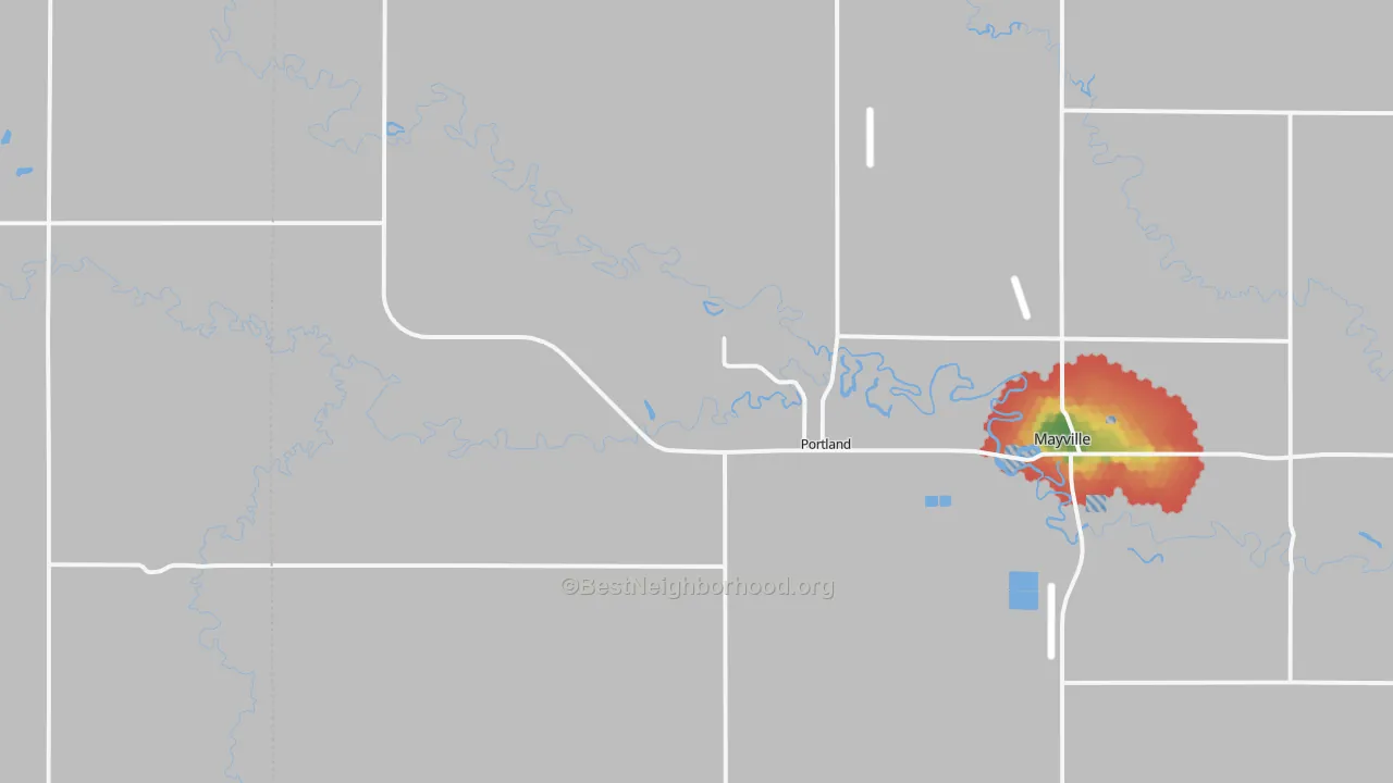 Walk Grade map of Portland, ND, walkable areas in green and car-dependent areas in red
