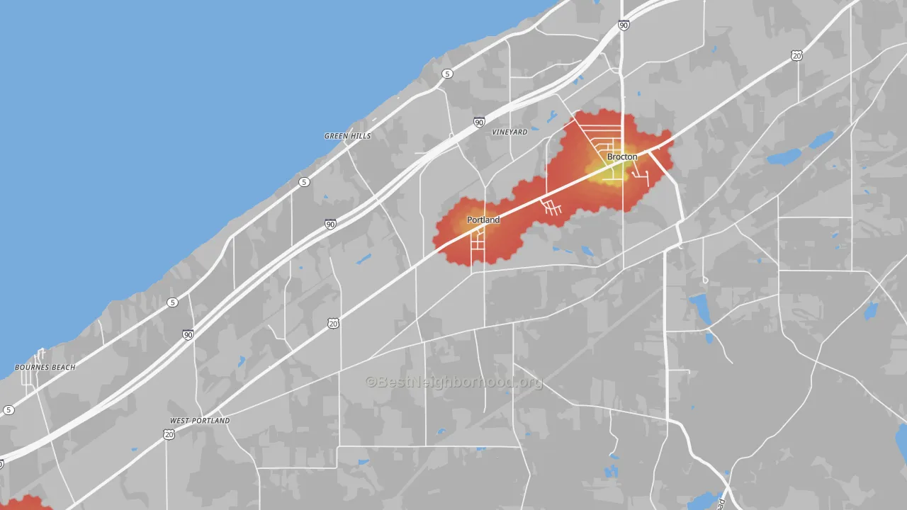 Walk Grade map of Portland, NY, walkable areas in green and car-dependent areas in red