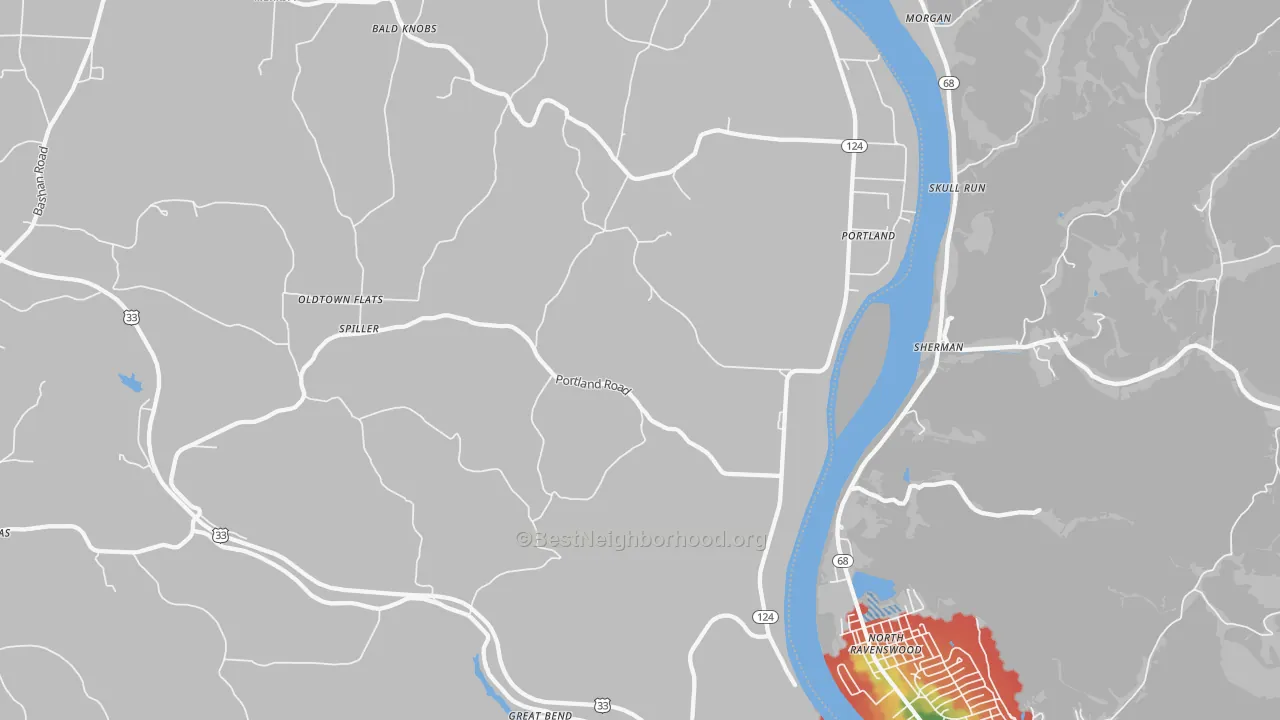 Walk Grade map of Portland, OH, walkable areas in green and car-dependent areas in red