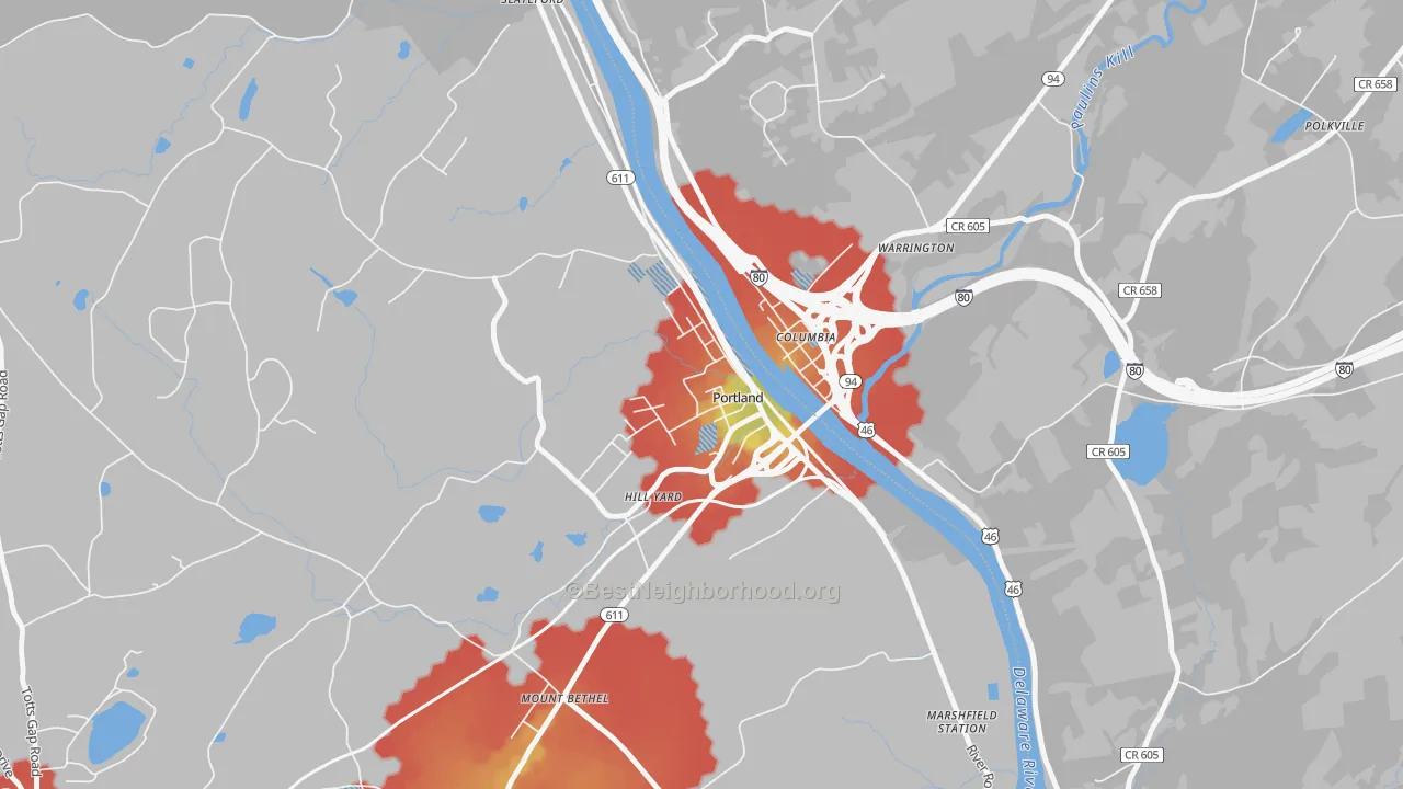 Walk Grade map of Portland, PA, walkable areas in green and car-dependent areas in red