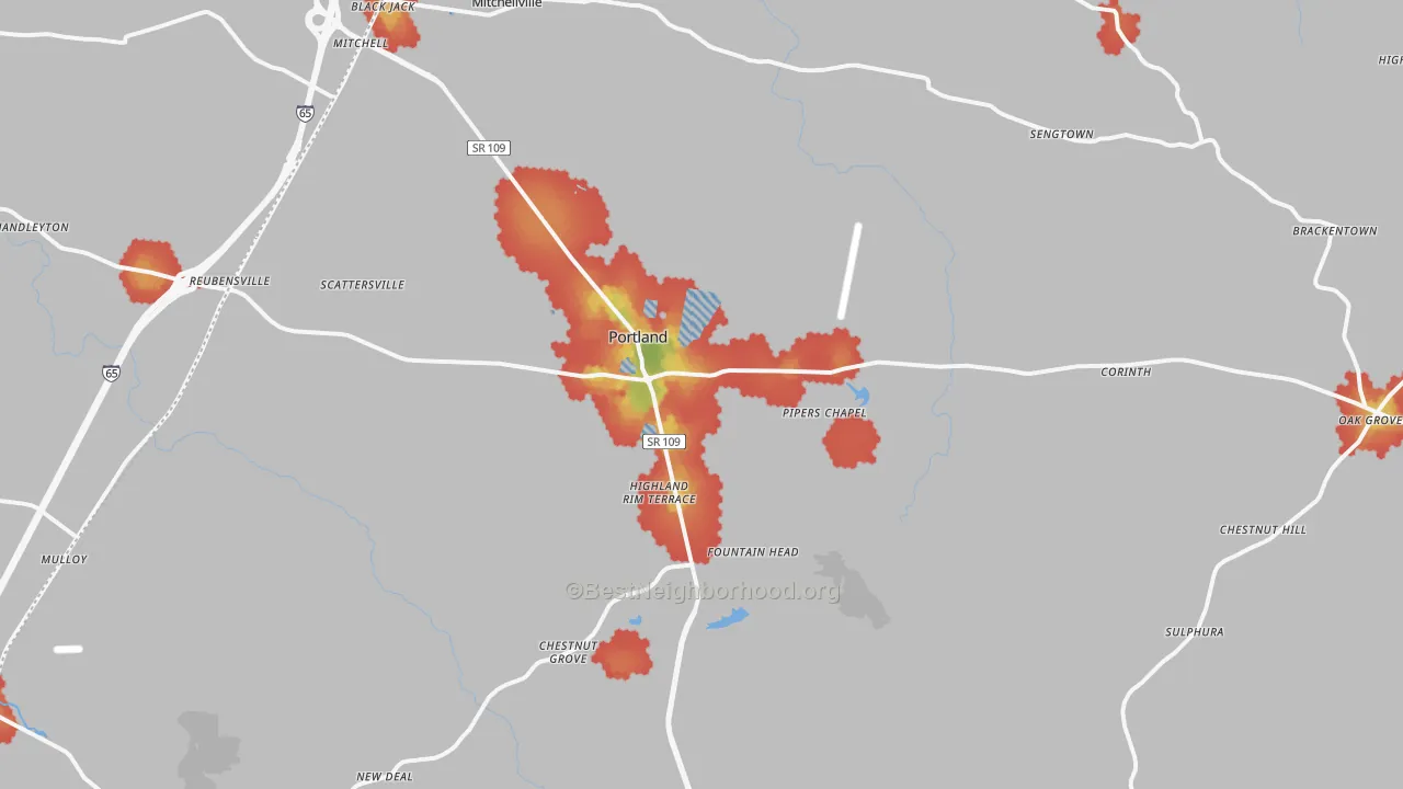 Walk Grade map of Portland, TN, walkable areas in green and car-dependent areas in red