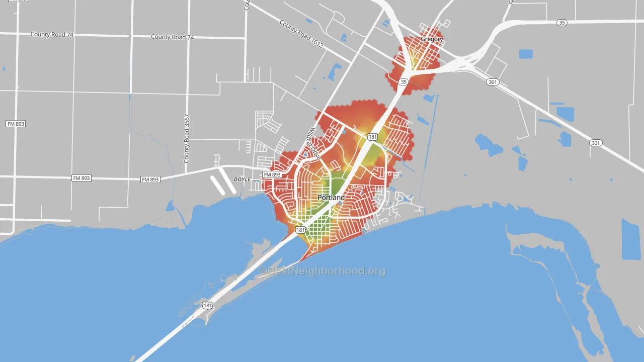 Walk Grade map of Portland, TX, walkable areas in green and car-dependent areas in red