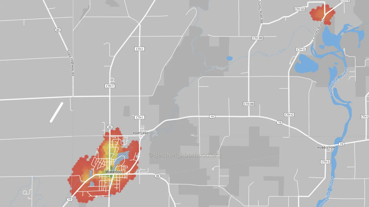 Walk Grade map of Portland, WI, walkable areas in green and car-dependent areas in red