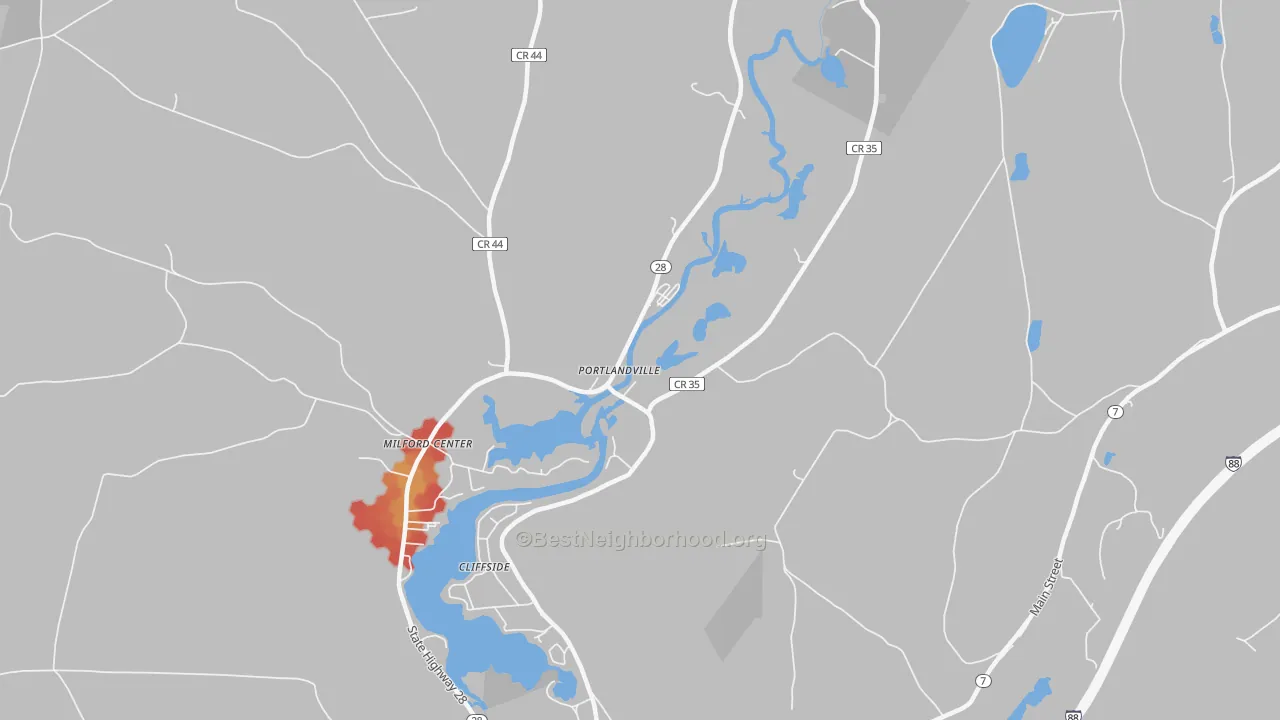 Walk Grade map of Portlandville, NY, walkable areas in green and car-dependent areas in red