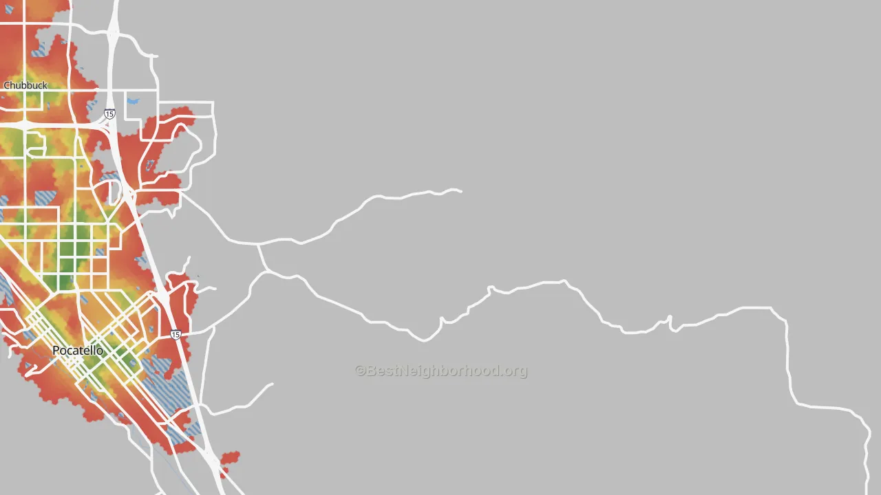 Walk Grade map of Portneuf, ID, walkable areas in green and car-dependent areas in red