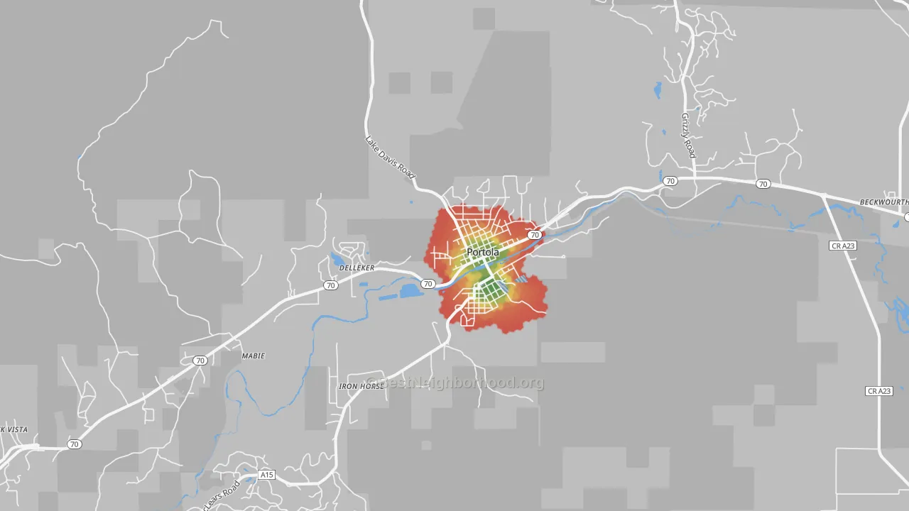 Walk Grade map of Portola, CA, walkable areas in green and car-dependent areas in red