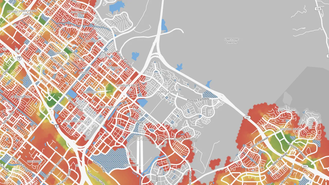 Walk Grade map of Portola Springs, Irvine, CA, walkable areas in green and car-dependent areas in red