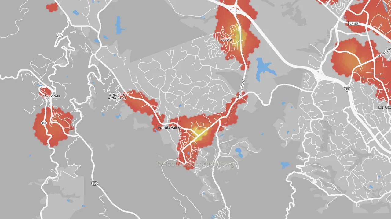 Walk Grade map of Portola Valley, CA, walkable areas in green and car-dependent areas in red