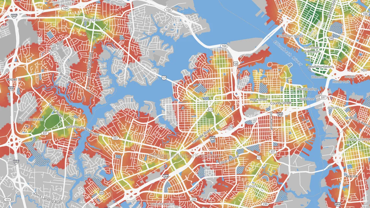 Walk Grade map of Portsmouth City, VA, walkable areas in green and car-dependent areas in red