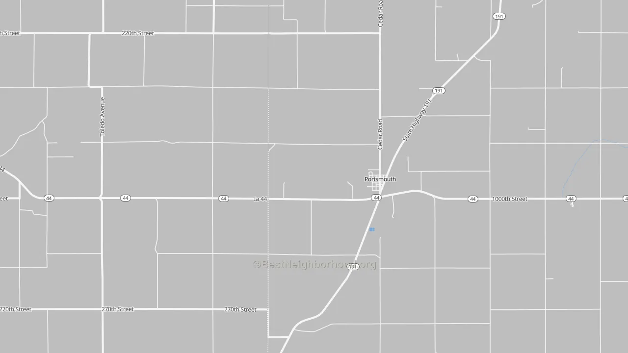 Walk Grade map of Portsmouth, IA, walkable areas in green and car-dependent areas in red
