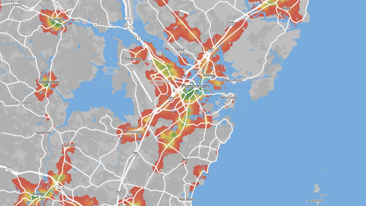Walk Grade map of Portsmouth, NH, walkable areas in green and car-dependent areas in red
