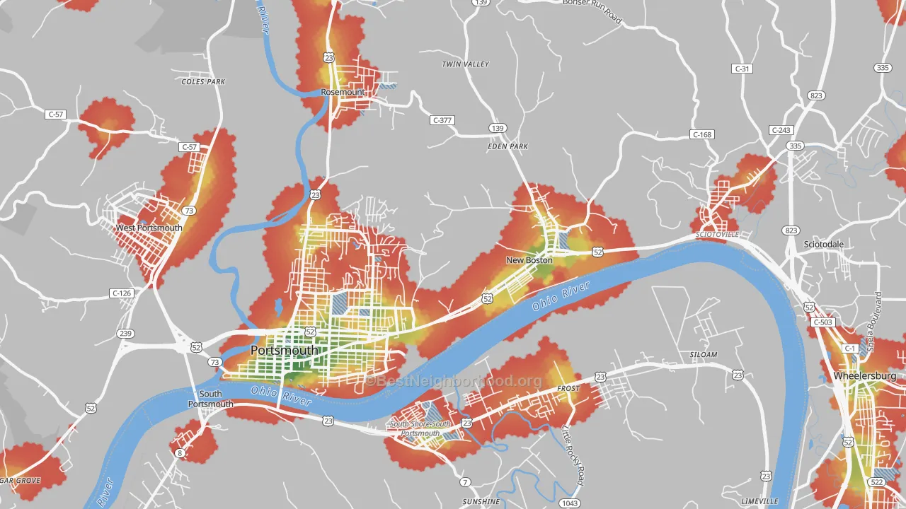 Walk Grade map of Portsmouth, OH, walkable areas in green and car-dependent areas in red