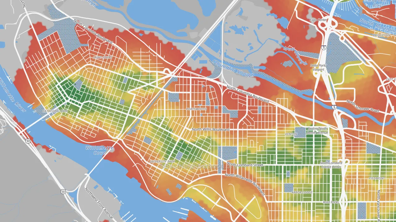 Walk Grade map of Portsmouth, Portland, OR, walkable areas in green and car-dependent areas in red