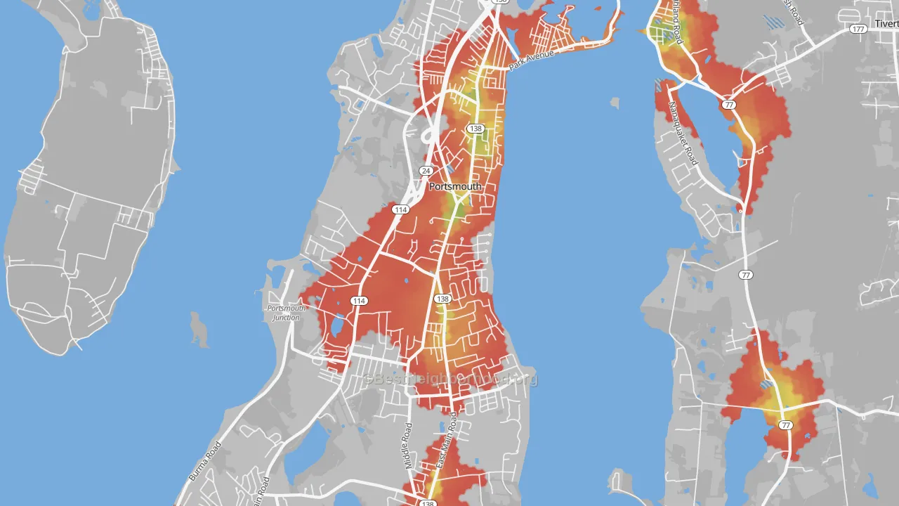 Walk Grade map of Portsmouth, RI, walkable areas in green and car-dependent areas in red
