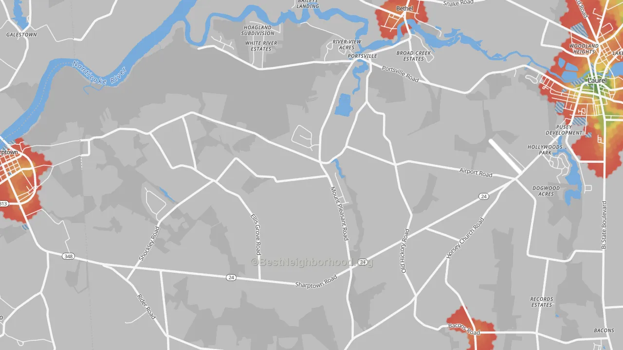 Walk Grade map of Portsville, DE, walkable areas in green and car-dependent areas in red