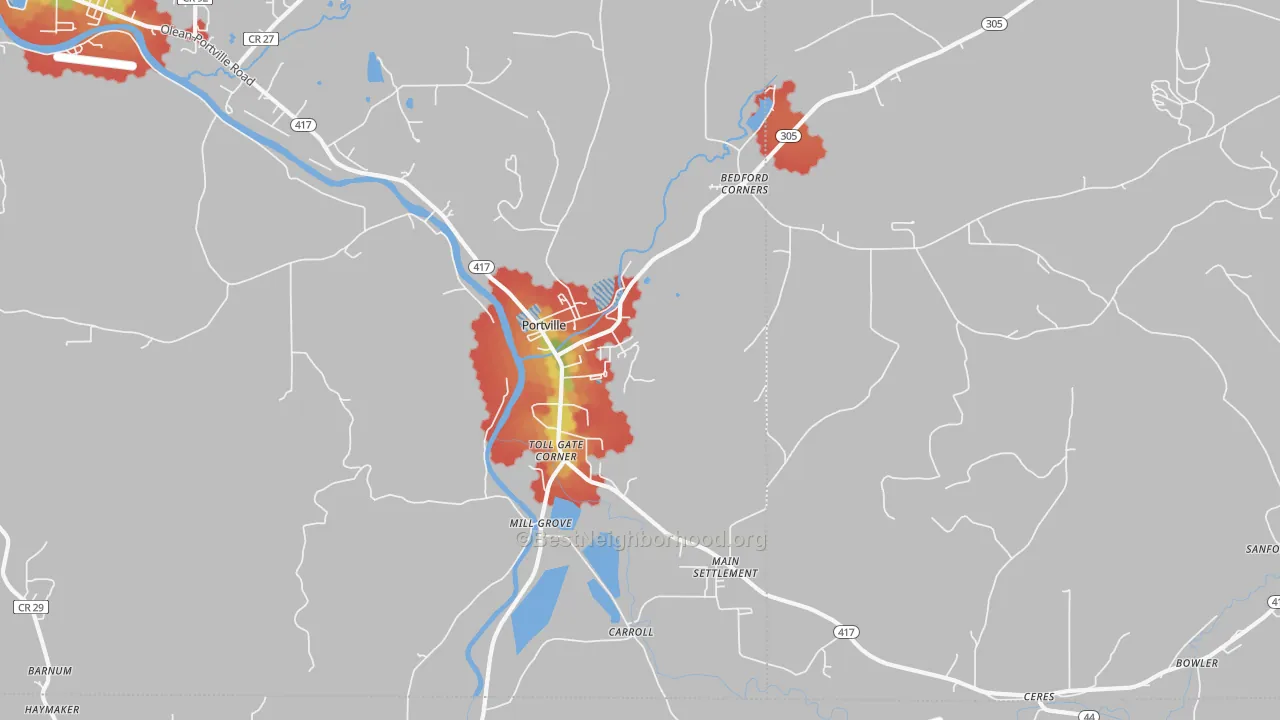 Walk Grade map of Portville, NY, walkable areas in green and car-dependent areas in red