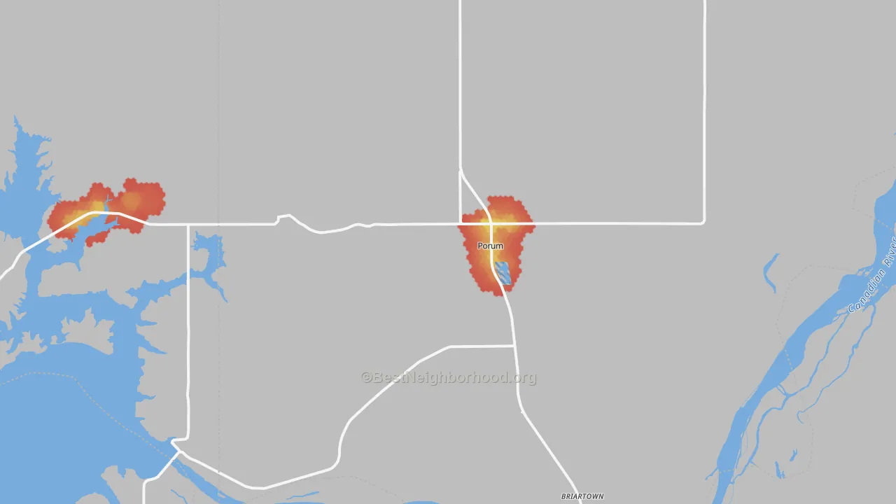 Walk Grade map of Porum, OK, walkable areas in green and car-dependent areas in red