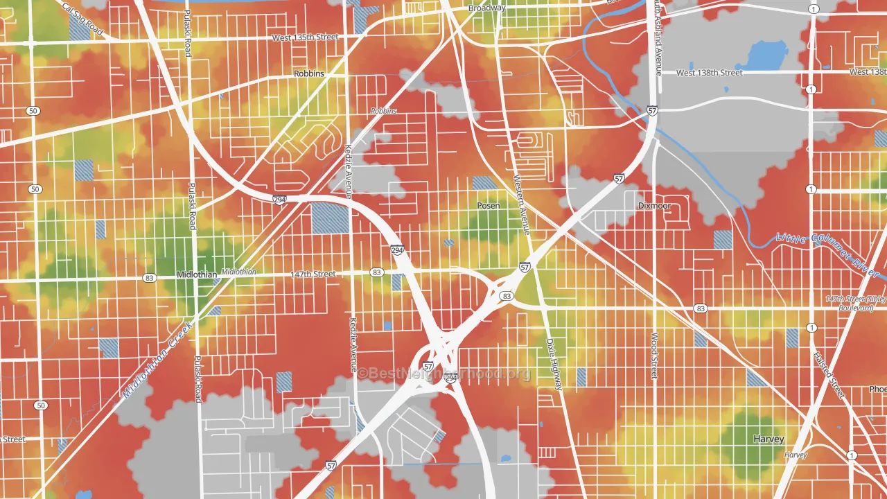 Walk Grade map of Posen, IL, walkable areas in green and car-dependent areas in red