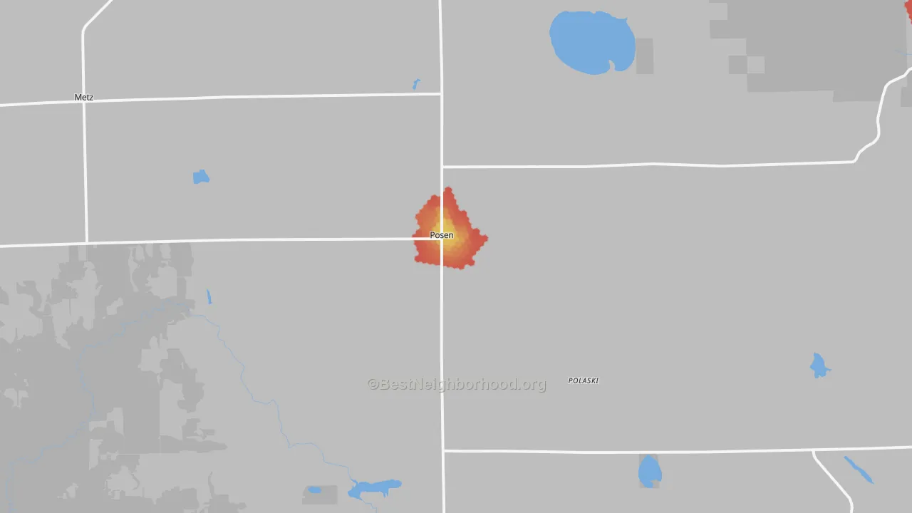 Walk Grade map of Posen, MI, walkable areas in green and car-dependent areas in red