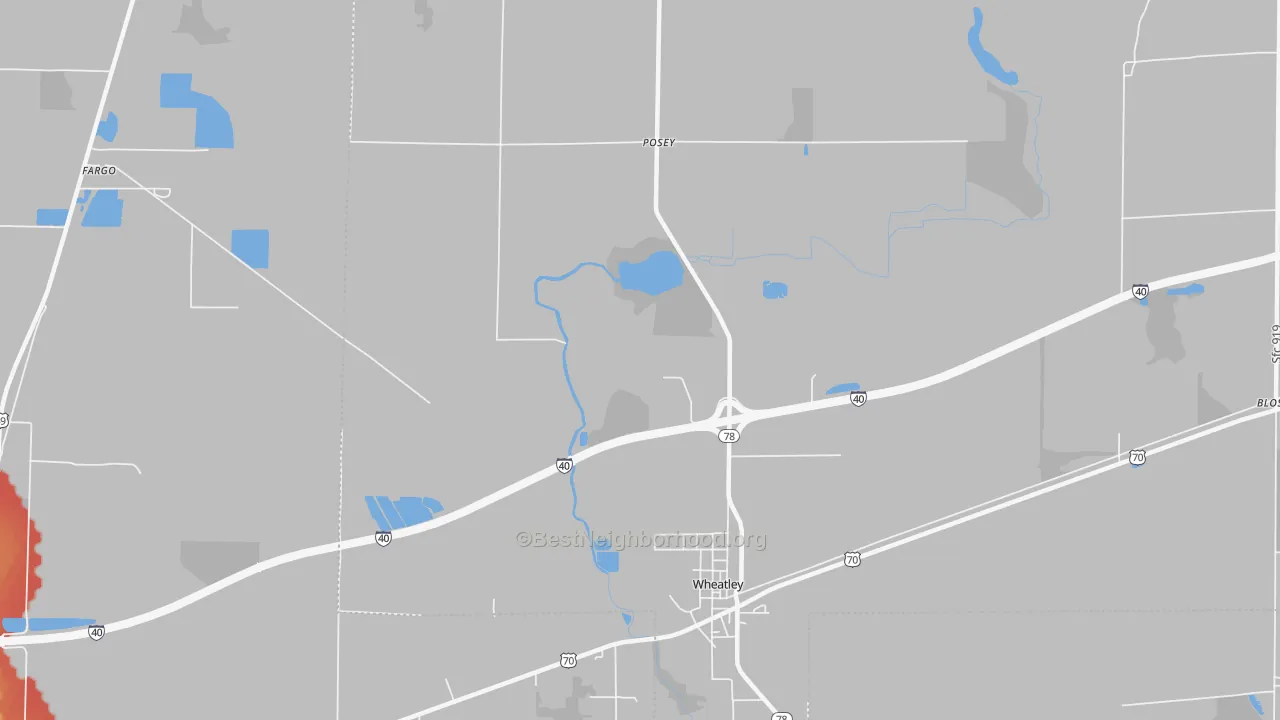 Walk Grade map of Posey, AR, walkable areas in green and car-dependent areas in red