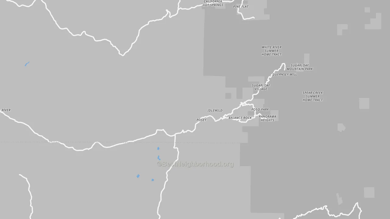 Walk Grade map of Posey, CA, walkable areas in green and car-dependent areas in red