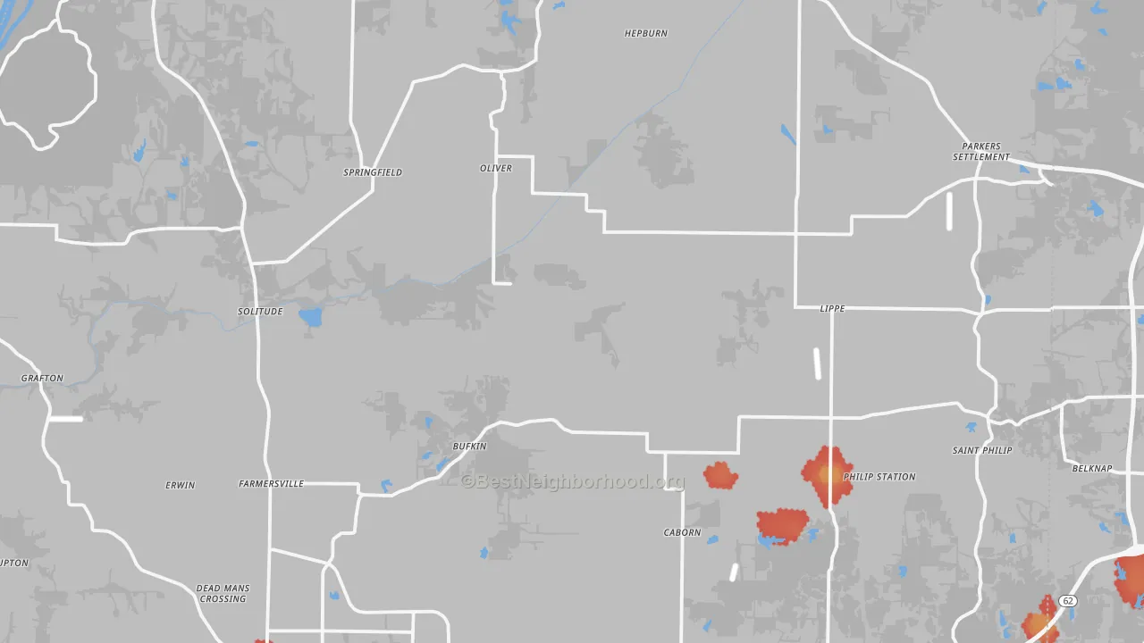 Walk Grade map of Posey County, IN, walkable areas in green and car-dependent areas in red