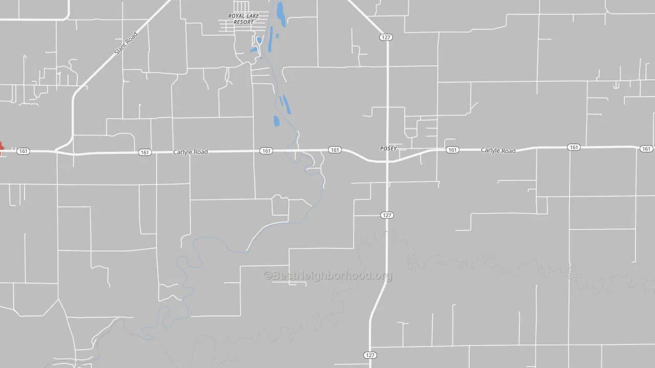 Walk Grade map of Posey, IL, walkable areas in green and car-dependent areas in red