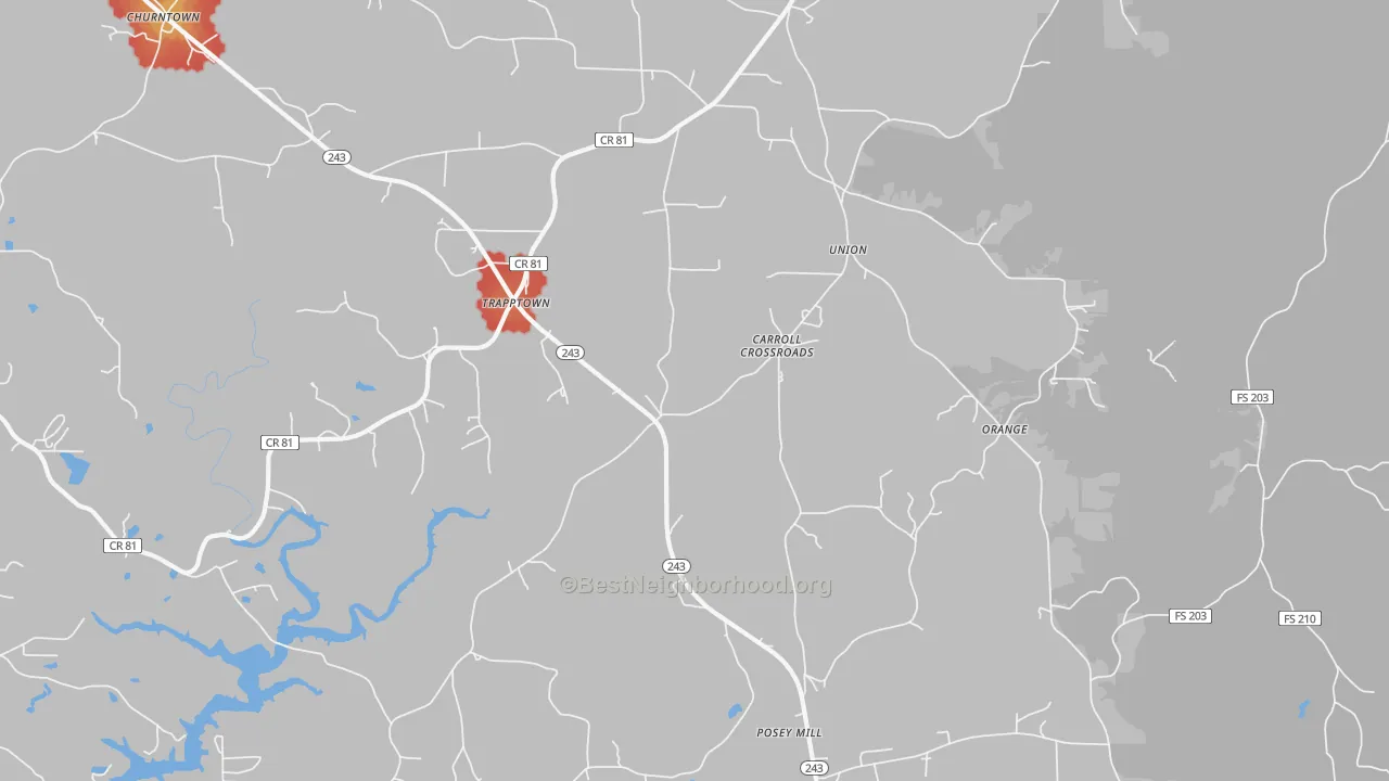 Walk Grade map of Posey Mill, AL, walkable areas in green and car-dependent areas in red