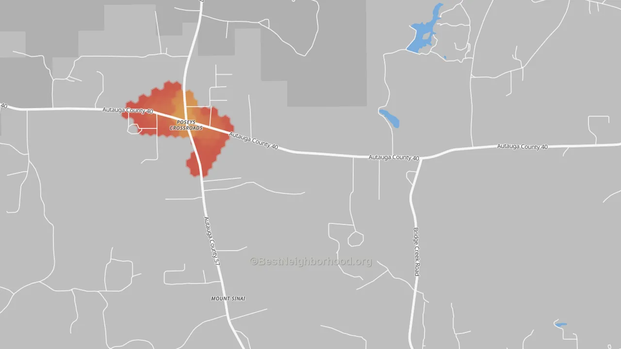 Walk Grade map of Poseys Crossroads, AL, walkable areas in green and car-dependent areas in red