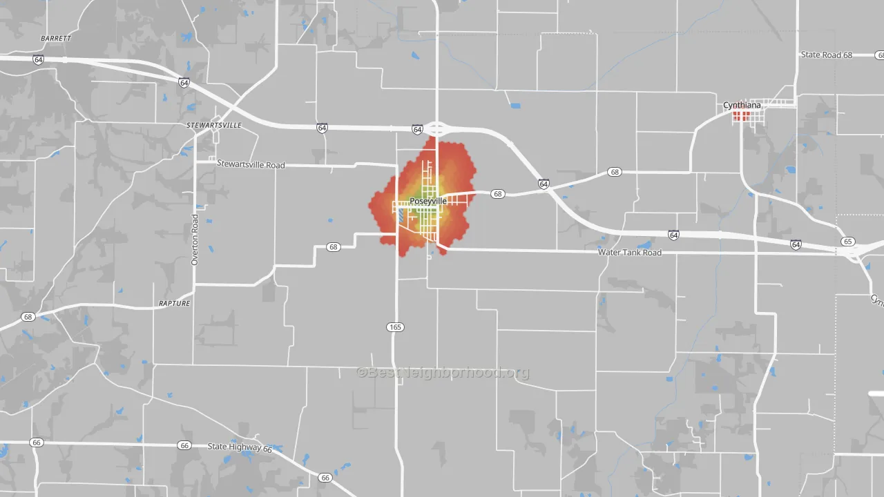 Walk Grade map of Poseyville, IN, walkable areas in green and car-dependent areas in red