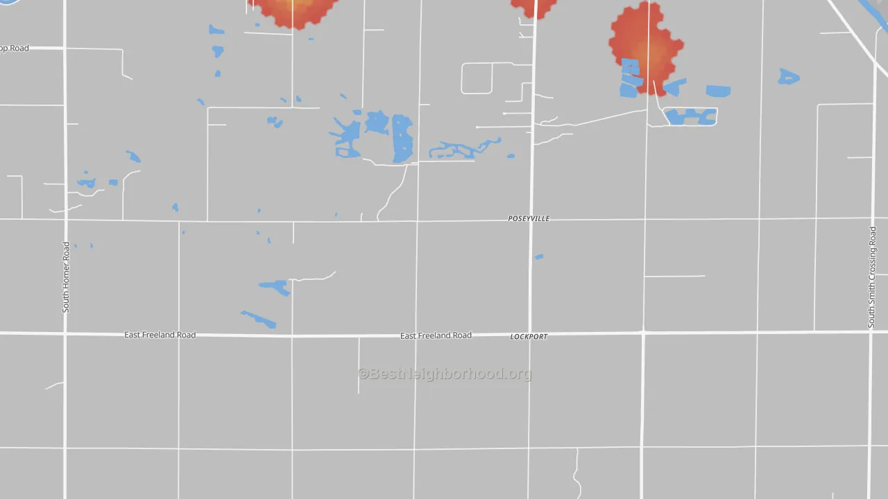 Walk Grade map of Poseyville, MI, walkable areas in green and car-dependent areas in red