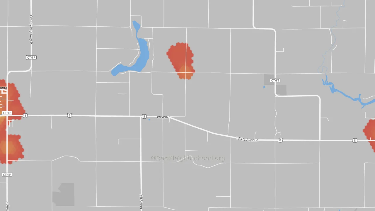 Walk Grade map of Poskin, WI, walkable areas in green and car-dependent areas in red