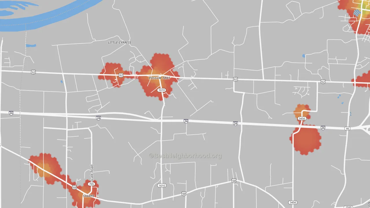 Walk Grade map of Possum Trot, KY, walkable areas in green and car-dependent areas in red