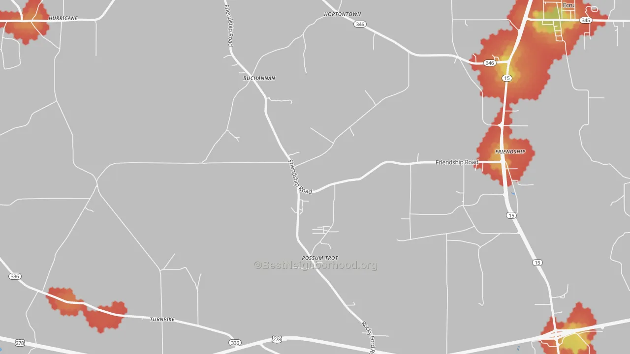 Walk Grade map of Possum Trot, MS, walkable areas in green and car-dependent areas in red