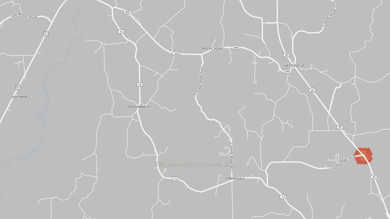 Walk Grade map of Possumneck, MS, walkable areas in green and car-dependent areas in red