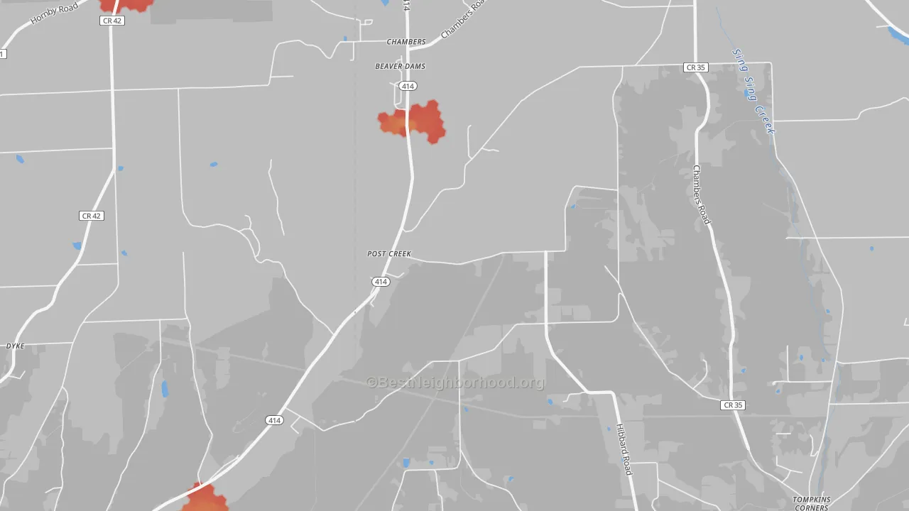 Walk Grade map of Post Creek, NY, walkable areas in green and car-dependent areas in red