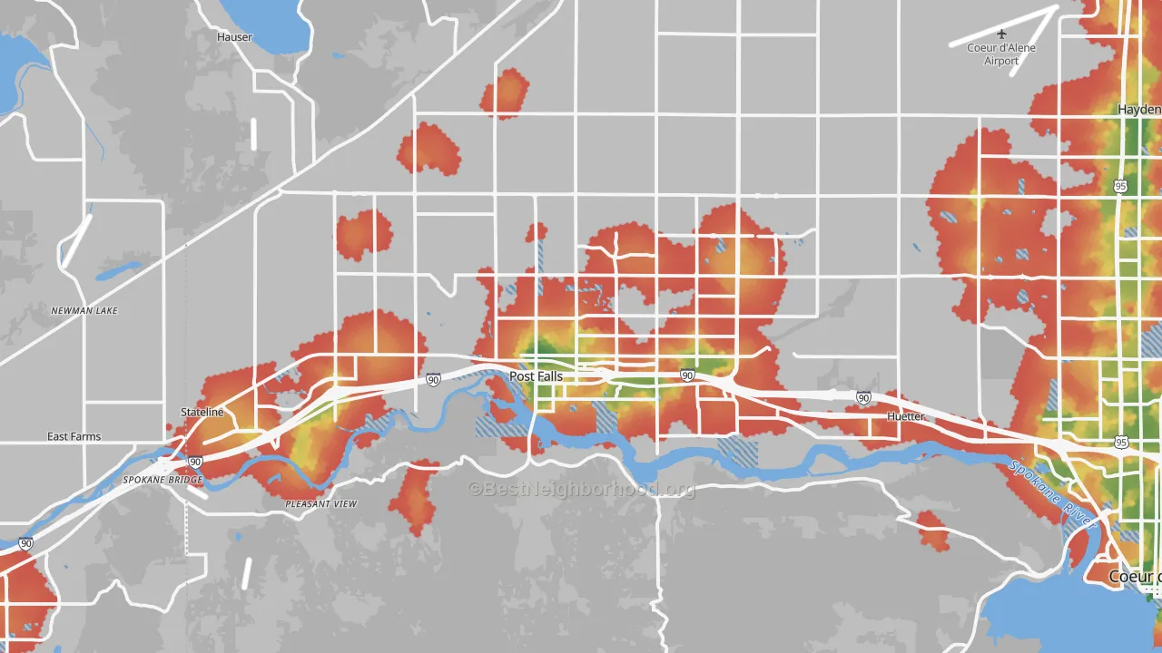 Walk Grade map of Post Falls, ID, walkable areas in green and car-dependent areas in red