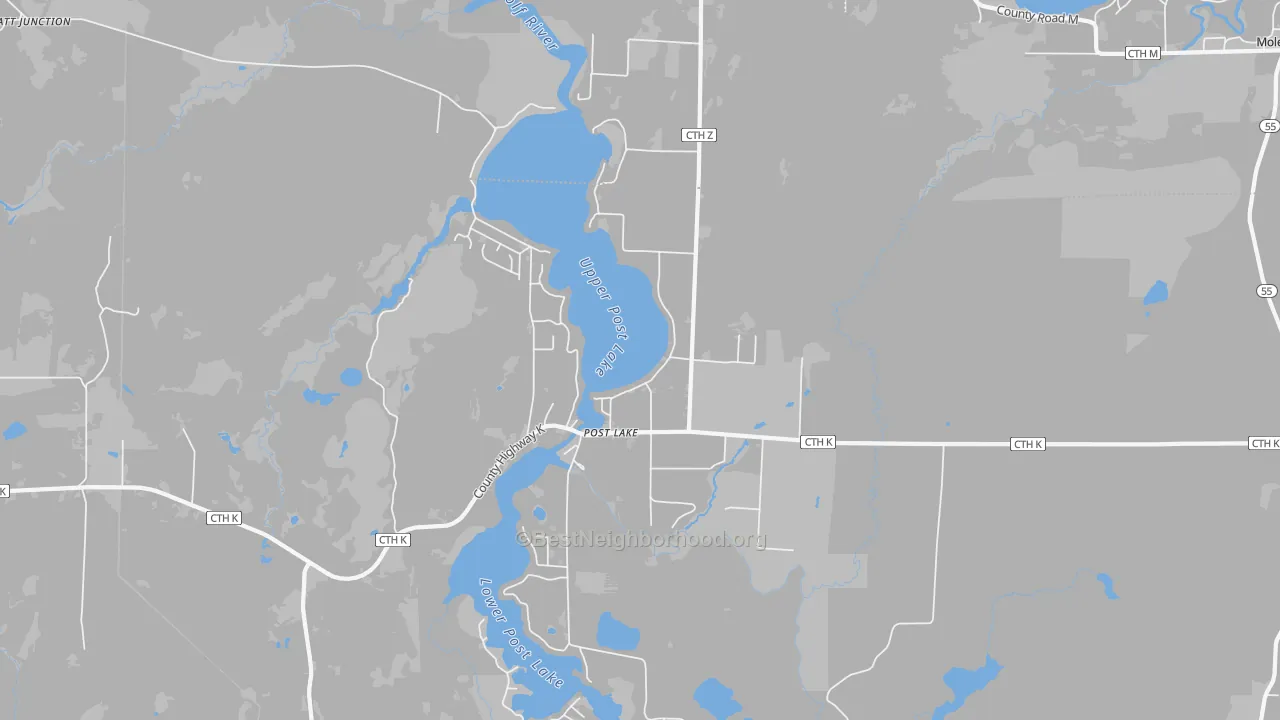 Walk Grade map of Post Lake, WI, walkable areas in green and car-dependent areas in red