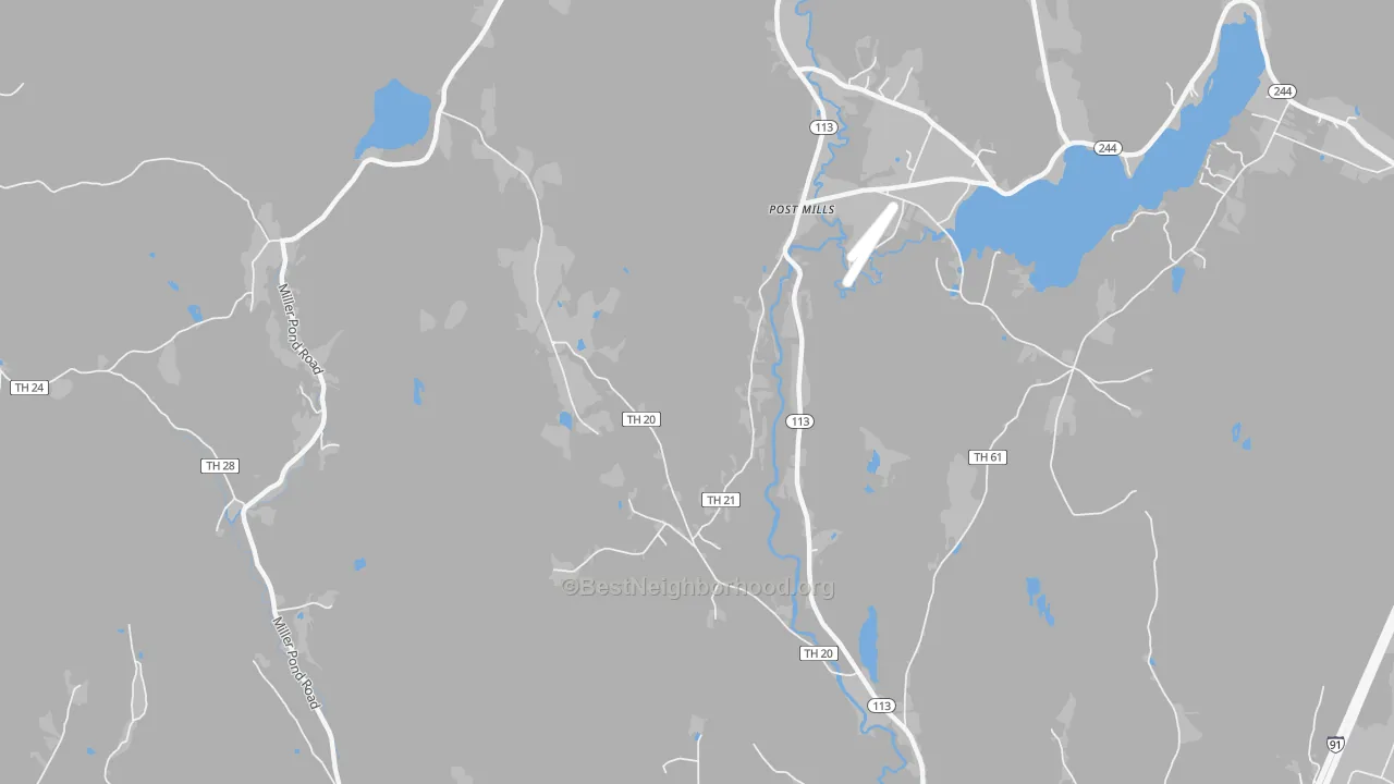 Walk Grade map of Post Mills, VT, walkable areas in green and car-dependent areas in red