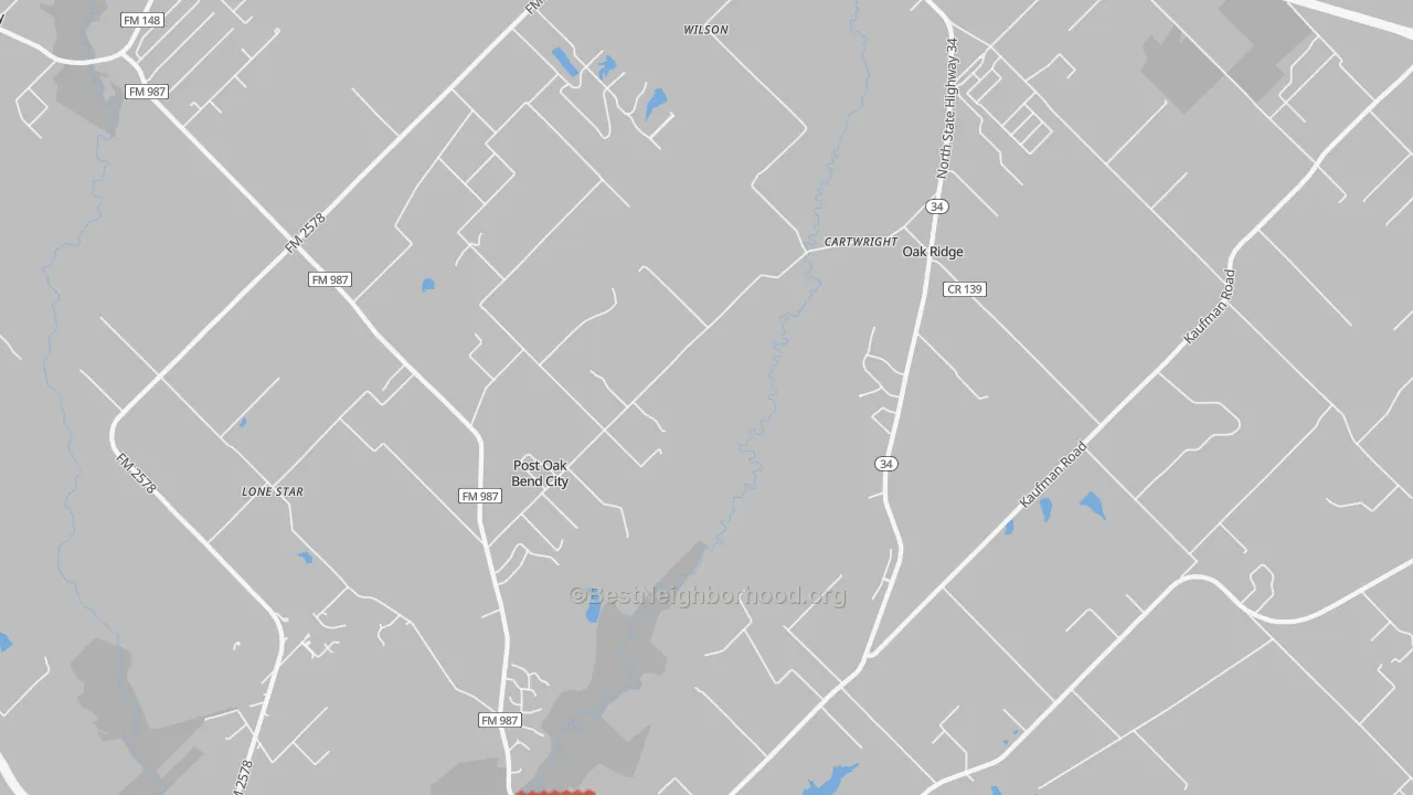 Walk Grade map of Post Oak Bend City, TX, walkable areas in green and car-dependent areas in red