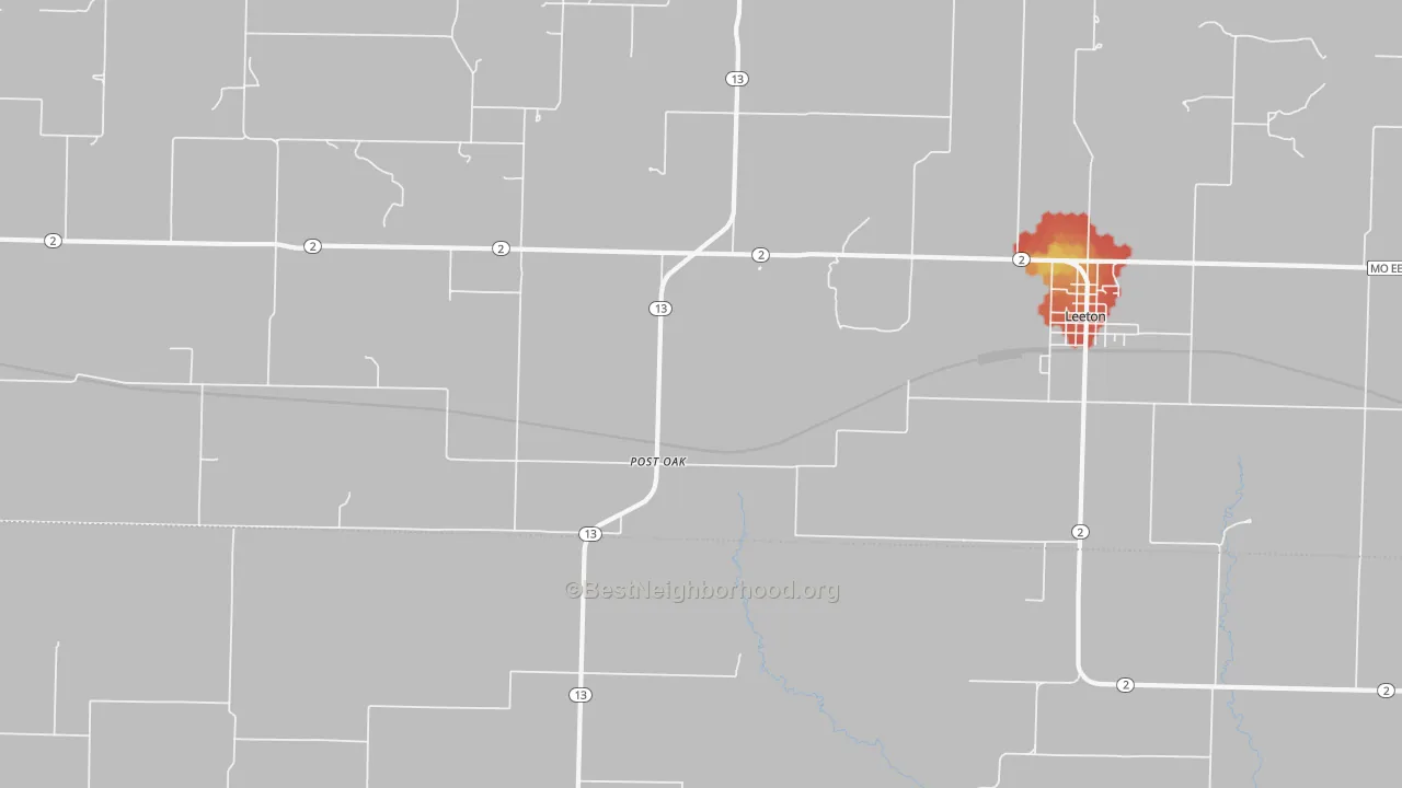 Walk Grade map of Post Oak, MO, walkable areas in green and car-dependent areas in red