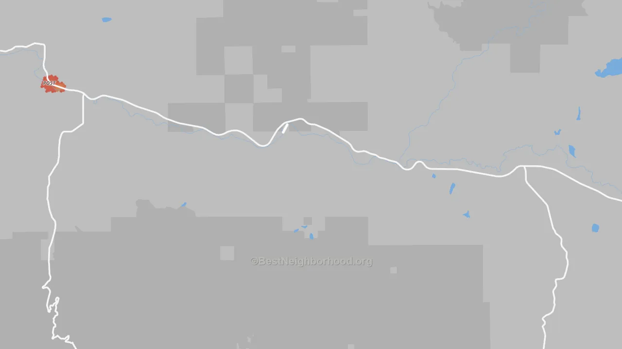 Walk Grade map of Post, OR, walkable areas in green and car-dependent areas in red