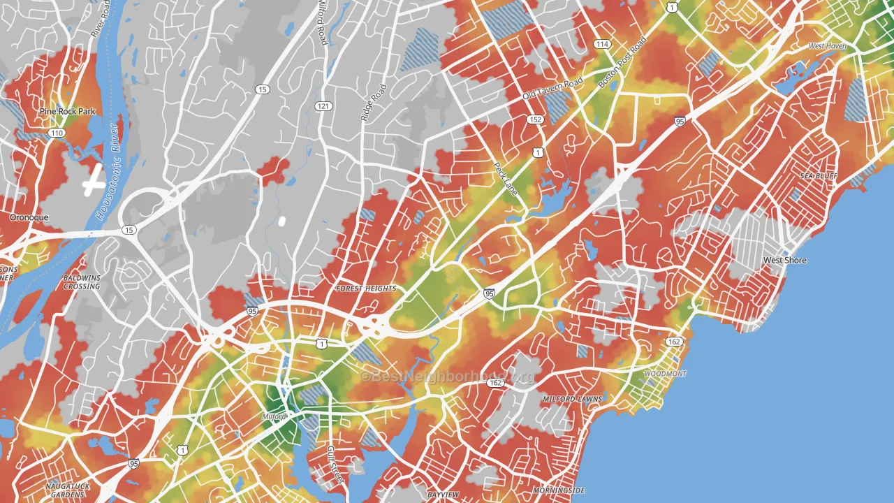 Walk Grade map of Post Road North, Milford, CT, walkable areas in green and car-dependent areas in red