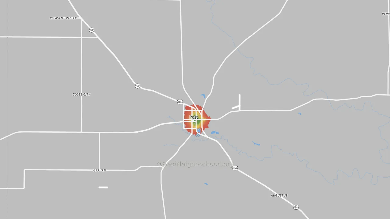 Walk Grade map of Post, TX, walkable areas in green and car-dependent areas in red