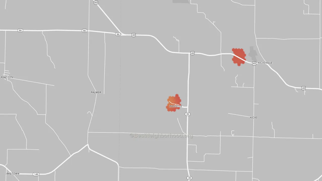 Walk Grade map of Postelle, AR, walkable areas in green and car-dependent areas in red