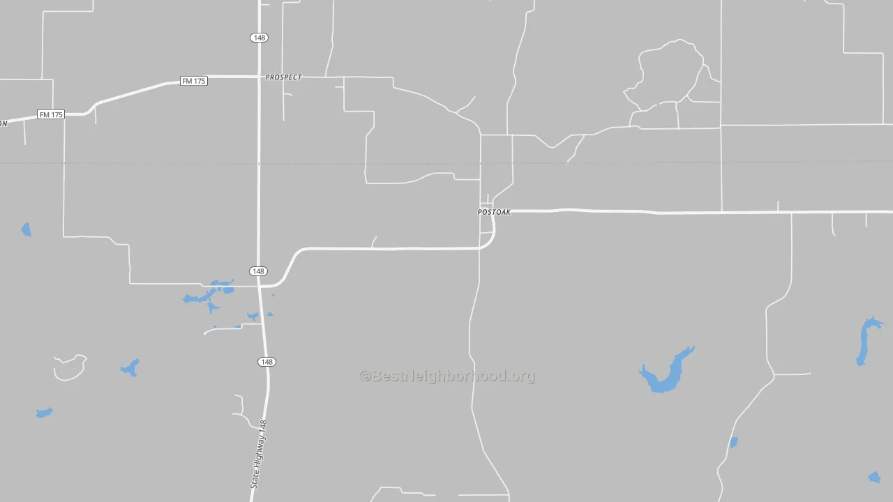 Walk Grade map of Postoak, TX, walkable areas in green and car-dependent areas in red
