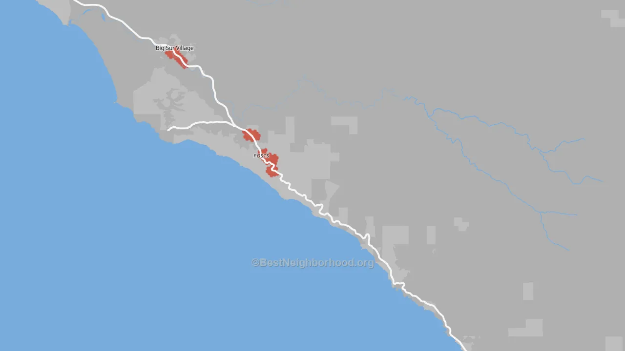 Walk Grade map of Posts, CA, walkable areas in green and car-dependent areas in red