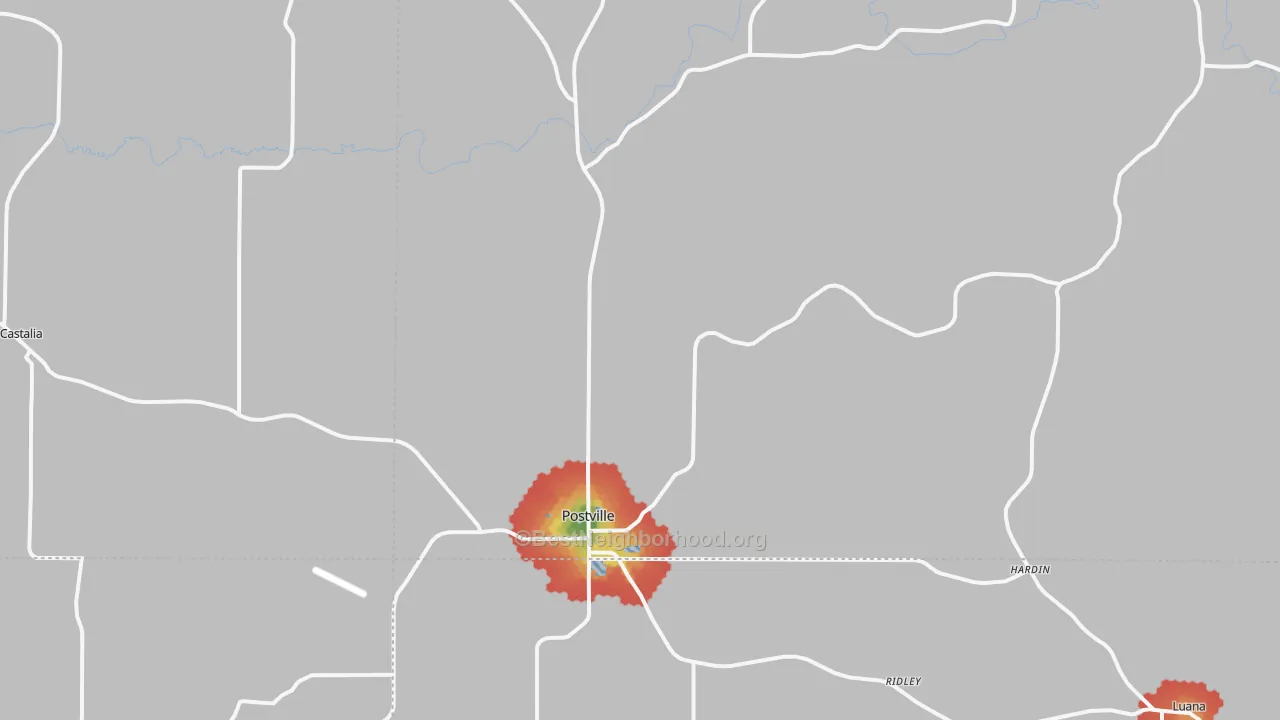 Walk Grade map of Postville, IA, walkable areas in green and car-dependent areas in red